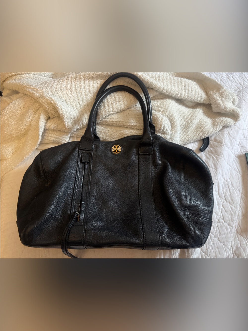 Tory Burch Black Leather Double-Handle Tote with Gold Logo